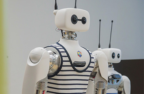 Two Reachy 2 robots side by side, seen close-up on their heads and striped torsos.