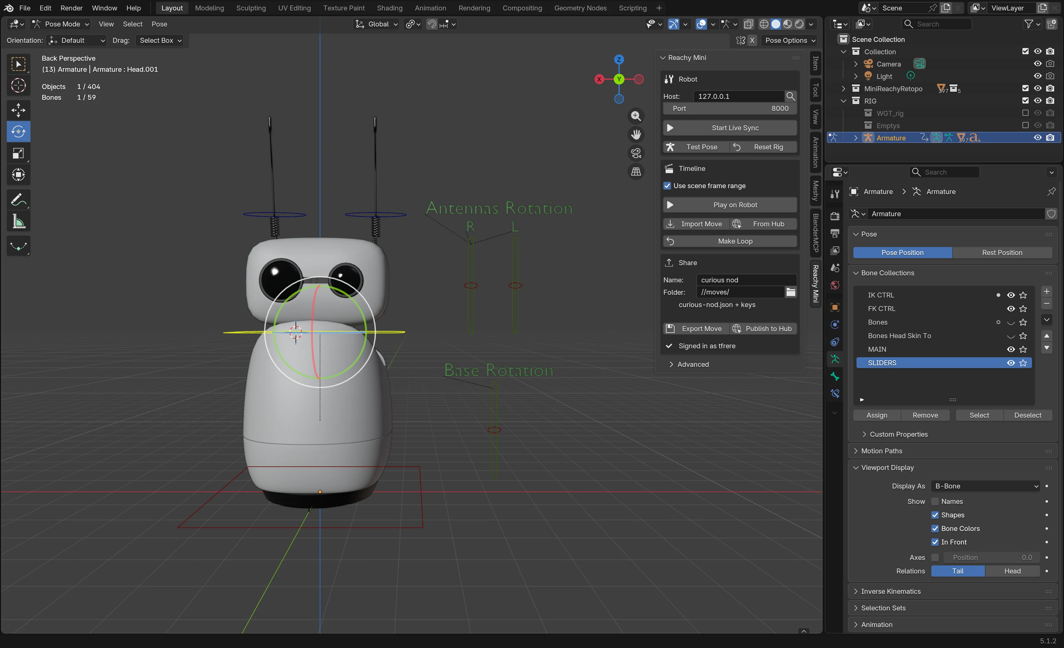 Blender with the bundled Reachy Mini scene open: the rigged robot in the viewport, its control widgets visible, and the Reachy Mini panel in the sidebar