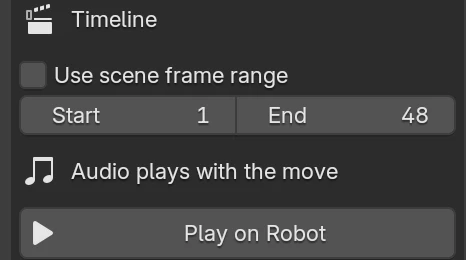 The Timeline section of the add-on panel with a sound strip present: a note reading 'Audio plays with the move' sits above the Play on Robot button