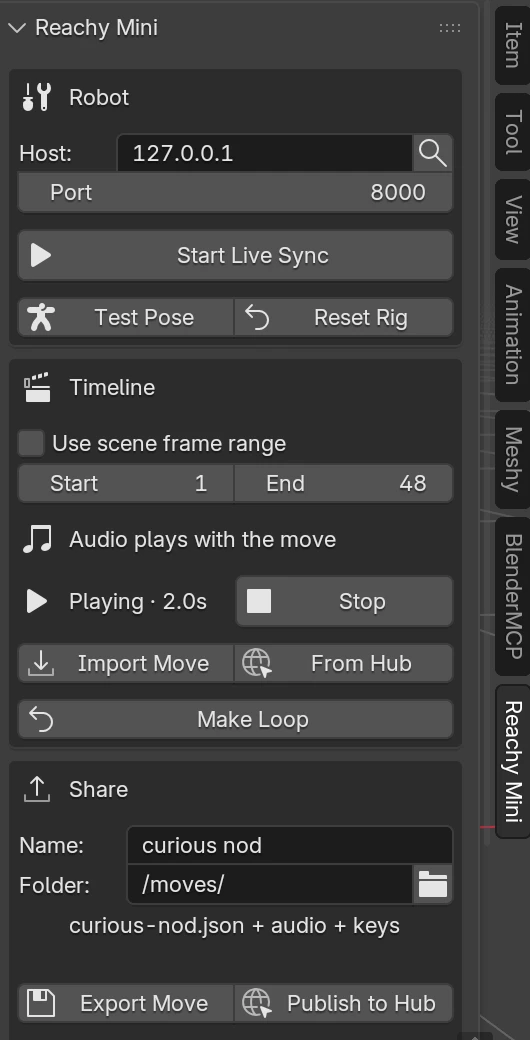 The add-on panel while a move plays: frame range 1 to 48, a Playing status with the 2.0s duration, and a Stop button