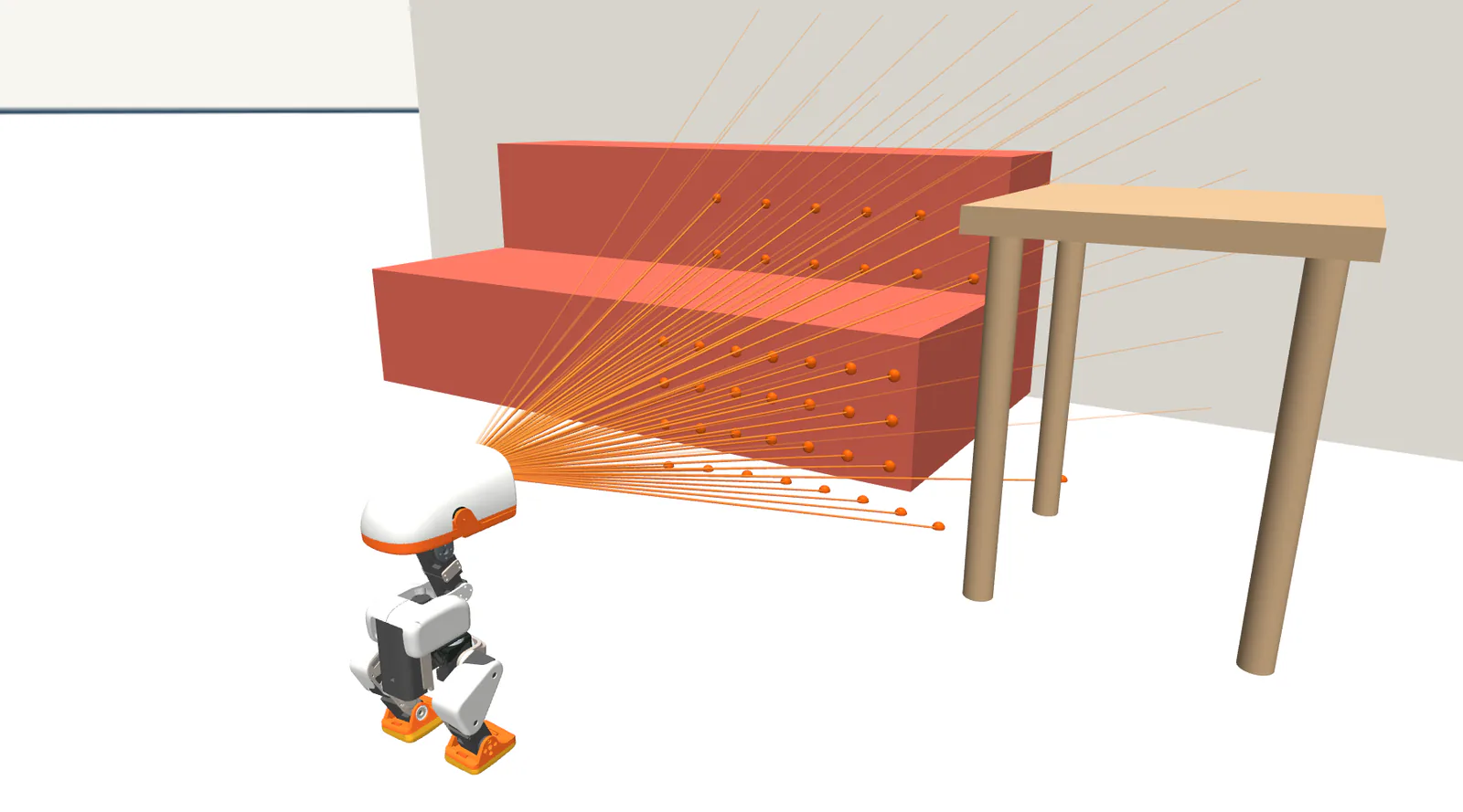The duck in a simulated room, with 64 thin orange lines fanning out of its head. The lower ones stop on the floor just ahead of its feet, most of the others stop on a sofa, and a few faint ones reach the wall behind it.