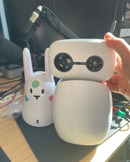 Reachy Mini next to a small bunny-eared companion, shared by Thierry Chantier 🐼💞⚒️