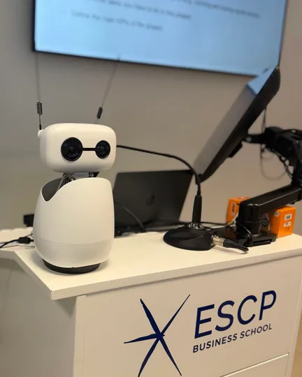 Reachy Mini as a teaching assistant at ESCP Business School, shared by Vitor Lima