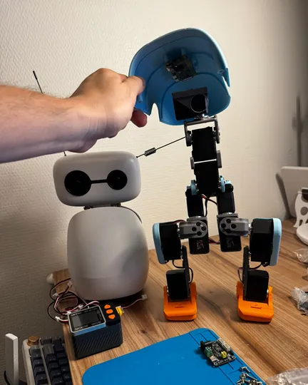 Reachy Mini next to a home-built walking duck robot, shared by rafaelcaricio