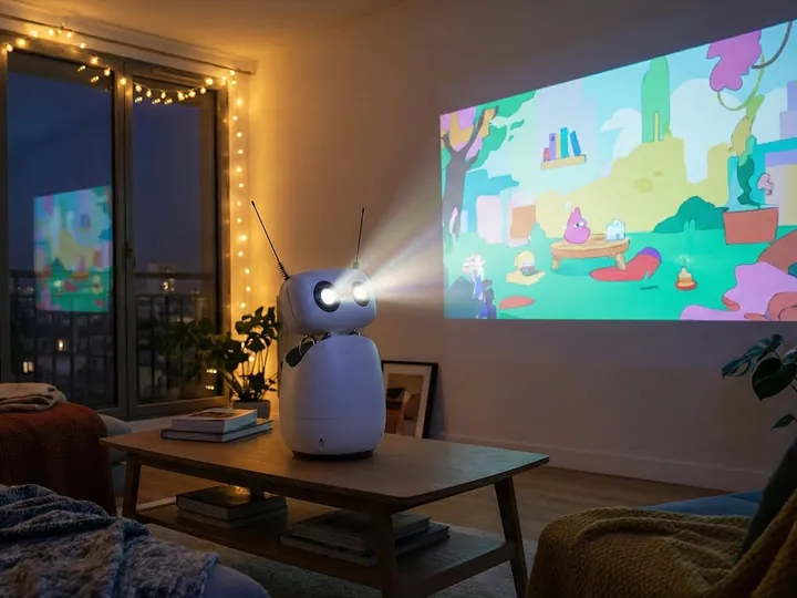 Reachy Mini projecting a picture onto the living-room wall, shared by domotick