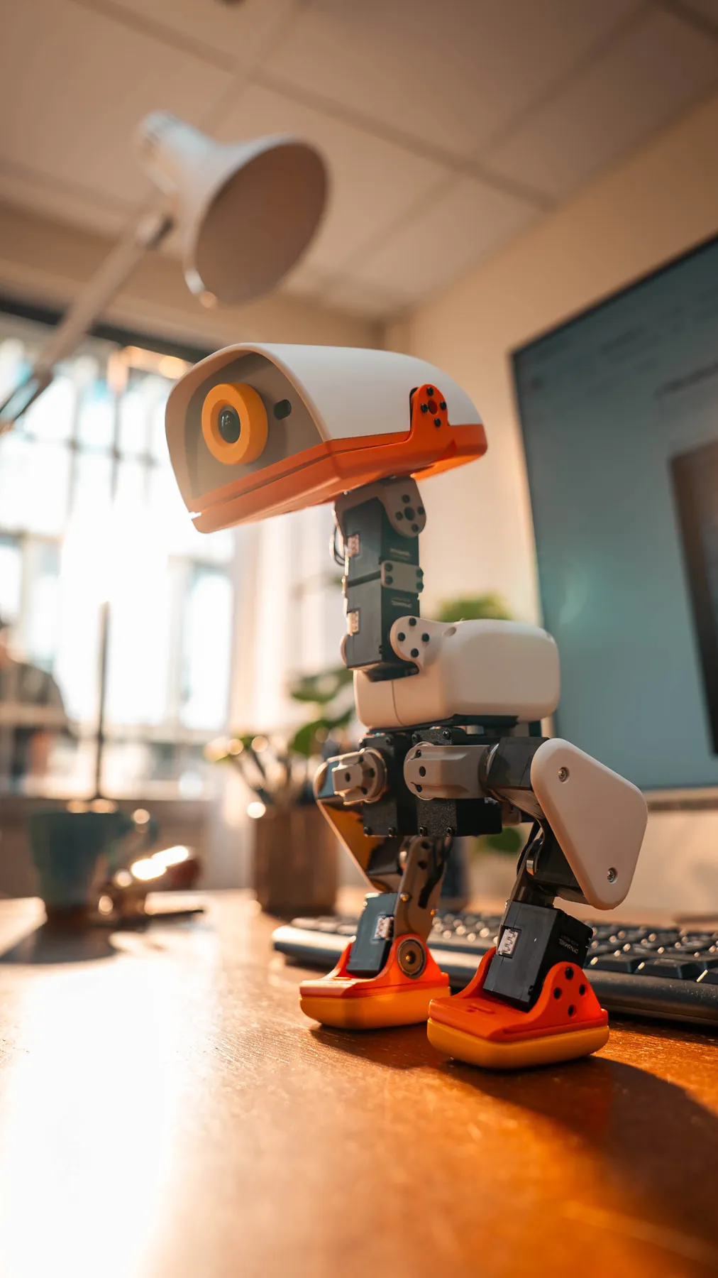 Close-up of a Microduck standing on a desk in warm light
