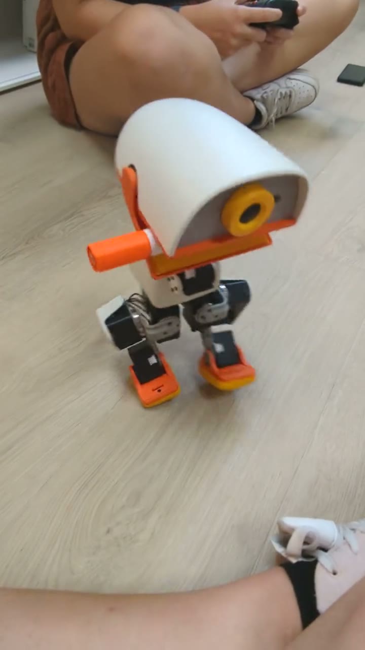 Microduck grabbing an object with its beak and carrying it to a box