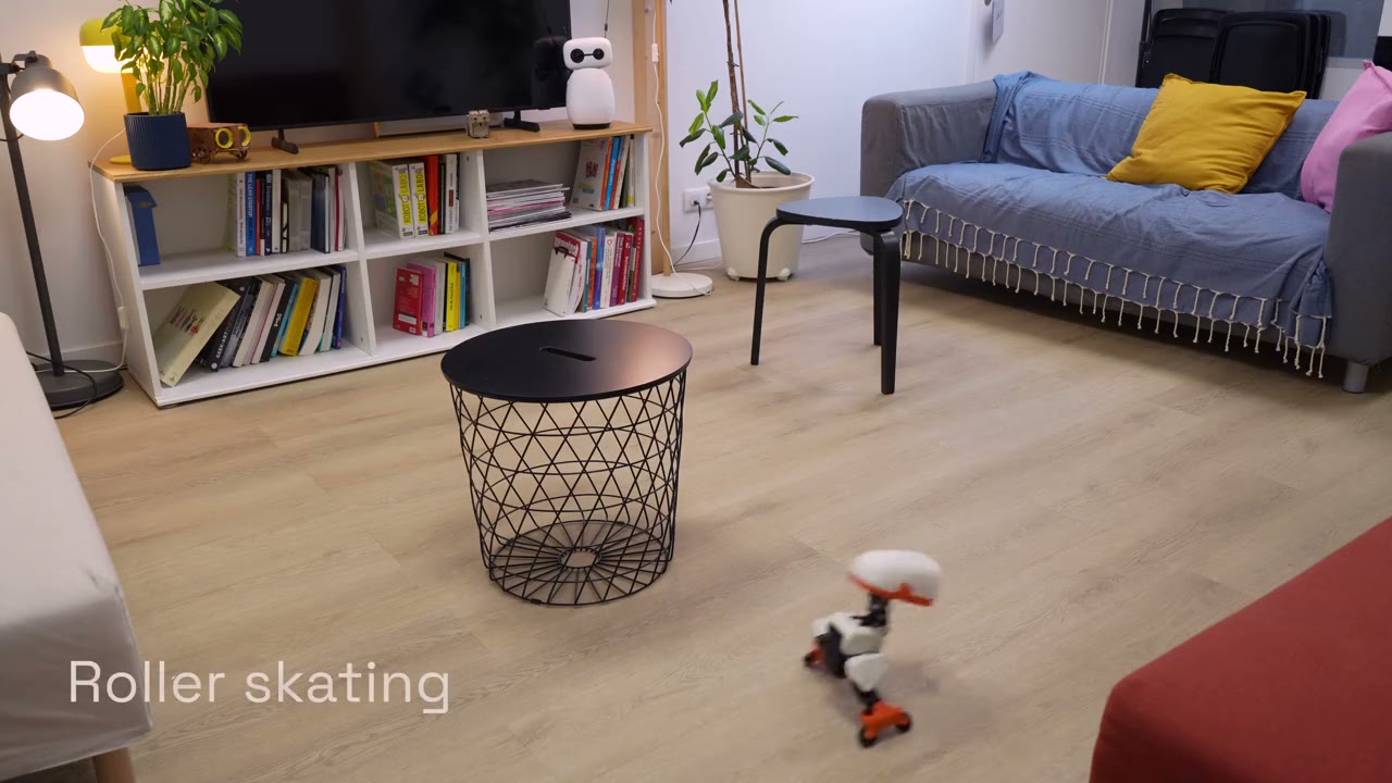 The roller variant of Microduck skating around a living room