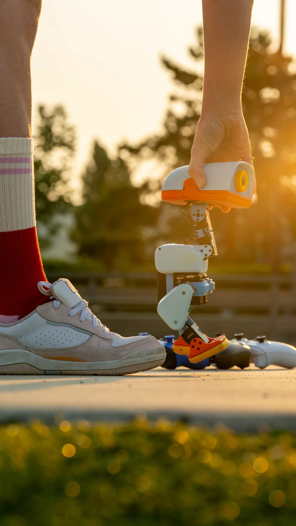 Microduck outdoors at golden hour, next to a skater's shoe