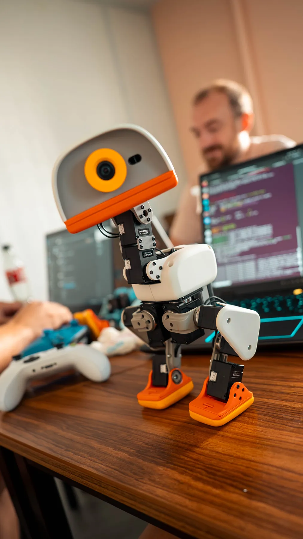 A Microduck on a desk looking into the camera while someone codes behind it