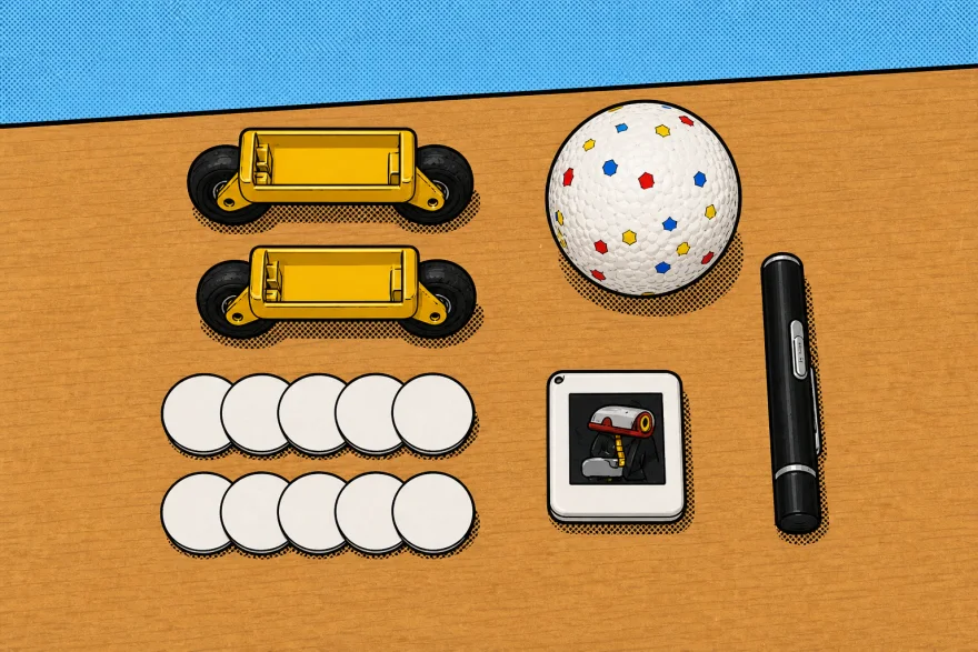 Two yellow roller attachments, a ball, a laser pen, an NFC polaroid and ten NFC tags, drawn as a comic panel