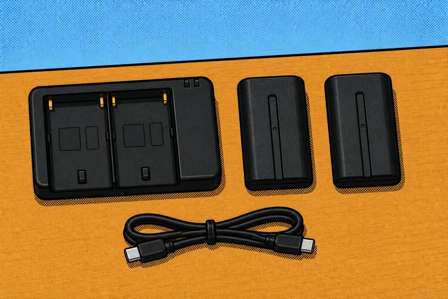A dual-slot battery charger, two spare batteries and a USB-C cable, drawn as a comic panel