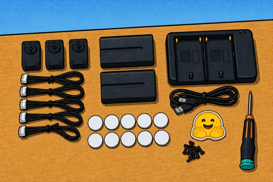 Three spare motors, motor cables, two batteries, a charger, ten NFC tags, a Hugging Face sticker, a screwdriver and spare screws, drawn as a comic panel