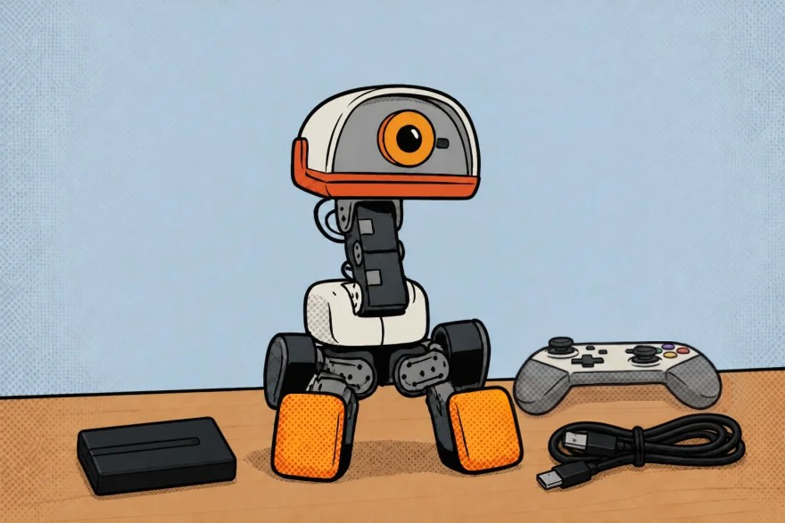 The Microduck robot standing on a desk, drawn as a comic panel